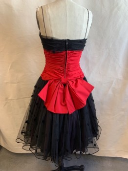 PARTY FORMALS , Black, Red, Synthetic, Color Blocking, Polka Dots, Thin Straps, Black Tulle with Self Polka Dots, Pleated Red Satin Middle, Large Red Bow Back, Zip Back