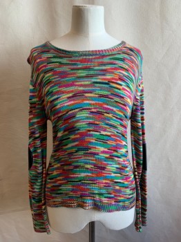 FLOWERS BY ZOE, Fuchsia Pink, Black, Orange, Green, Multi-color, Rayon, Stripes - Static , Round Neck, Long Sleeves, Black Pleather Elbow Patch