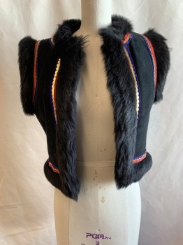 Womens, Vest, VALENTINO, Black, Purple, Gold, Faded Red, Fur, Suede, Solid, Stripes, B:34, S, Open Front, Black Fur Lining, Purple, Gold, and Red Scallop Trim