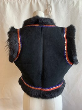 Womens, Vest, VALENTINO, Black, Purple, Gold, Faded Red, Fur, Suede, Solid, Stripes, B:34, S, Open Front, Black Fur Lining, Purple, Gold, and Red Scallop Trim
