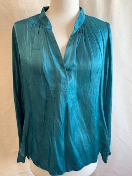 ZADIG AND VOLTAIRE, Teal Blue, Acetate, Solid, Pull On, Round Neck with Slit Center Front, Long Sleeves with Button Cuffs, Has Been Altered at Side Seams, Snap Added at V-neck and Some Stitching Center Front,