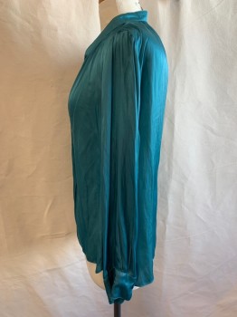 ZADIG AND VOLTAIRE, Teal Blue, Acetate, Solid, Pull On, Round Neck with Slit Center Front, Long Sleeves with Button Cuffs, Has Been Altered at Side Seams, Snap Added at V-neck and Some Stitching Center Front,