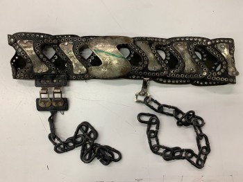 Unisex, Sci-Fi/Fantasy Belt, MTO, Black, Chrome Metallic, Leather, Metallic/Metal, W38, Aged/Distressed, Curved Metal Appliques, Grommets, Large Plastic Chain, Velcro Closure **Green Pen Marks on Buckle