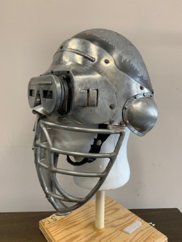 Unisex, Sci-Fi/Fantasy Helmet, MTO, Silver, Metallic/Metal, Solid, OS, Dystopian, Distressed, Adjustable Goggles, Chin Strap,