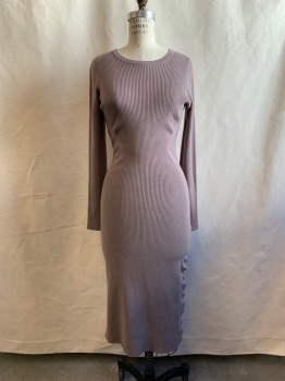 Womens, Dress, Long & 3/4 Sleeve, GUESS, Putty/Khaki Gray, Viscose, Nylon, Solid, L, Ribbed Knit, Scoop Neck, Side Slit with Silver Button Closures, Calf Length
