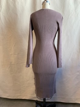 Womens, Dress, Long & 3/4 Sleeve, GUESS, Putty/Khaki Gray, Viscose, Nylon, Solid, L, Ribbed Knit, Scoop Neck, Side Slit with Silver Button Closures, Calf Length