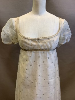Womens, Historical Fiction Dress, COSPROP, Ivory White, Silver, Silk, Metallic/Metal, Stars, UnderB, B32, 28, Empire Waist, Short Sleeves, Organza with Silver Metal 'Star' Embroidery, Lace Edge at Neckline, Train, Some Scarrring and Stains at Hem of Organza See Detail Photos, Attached Under-dress is Cotton,  Napoleon, Pride & Prejudice, 1811-1820