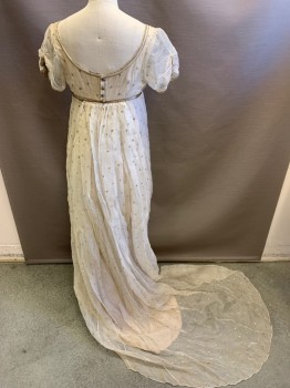 Womens, Historical Fiction Dress, COSPROP, Ivory White, Silver, Silk, Metallic/Metal, Stars, UnderB, B32, 28, Empire Waist, Short Sleeves, Organza with Silver Metal 'Star' Embroidery, Lace Edge at Neckline, Train, Some Scarrring and Stains at Hem of Organza See Detail Photos, Attached Under-dress is Cotton,  Napoleon, Pride & Prejudice, 1811-1820