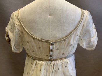 COSPROP, Ivory White, Silver, Silk, Metallic/Metal, Stars, Empire Waist, Short Sleeves, Organza with Silver Metal 'Star' Embroidery, Lace Edge at Neckline, Train, Some Scarrring and Stains at Hem of Organza See Detail Photos, Attached Under-dress is Cotton,  Napoleon, Pride & Prejudice, 1811-1820
