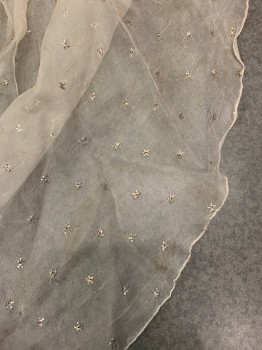 COSPROP, Ivory White, Silver, Silk, Metallic/Metal, Stars, Empire Waist, Short Sleeves, Organza with Silver Metal 'Star' Embroidery, Lace Edge at Neckline, Train, Some Scarrring and Stains at Hem of Organza See Detail Photos, Attached Under-dress is Cotton,  Napoleon, Pride & Prejudice, 1811-1820