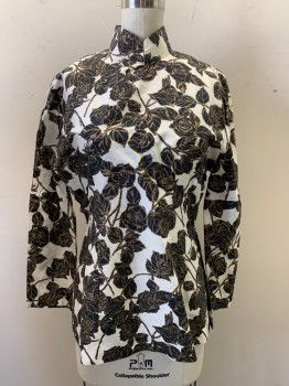 NL, Off White, Black, Gold, Polyester, Cotton, Floral, Mandarin Collar Attached, Hook & Eye at Center Collar, Snap Buttons on Right Side of Collar Base, Right Shoulder, & Right Side, Pullover, Slit on Both Sides