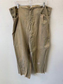 Mens, Historical Fiction Pants, MTO, Dusty Brown, Cotton, Solid, 38/21, Aged/Distressed,  Suspender Buttons, Button Fly,  Missing Buttons....self Belt Tab Back, 1800's