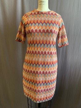 Womens, Dress, Short Sleeve, TWIK, Magenta Pink, Orange, Mint Green, Tan Brown, Wine Red, Polyester, Spandex, Stripes, Abstract , M, Missoni-Style Knit, Abstract Multi Color Stripes, Crew Neck, Raglan Short Sleeves, Knee Length, Zip Back