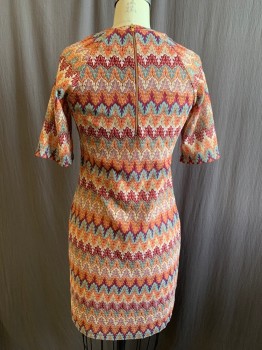 Womens, Dress, Short Sleeve, TWIK, Magenta Pink, Orange, Mint Green, Tan Brown, Wine Red, Polyester, Spandex, Stripes, Abstract , M, Missoni-Style Knit, Abstract Multi Color Stripes, Crew Neck, Raglan Short Sleeves, Knee Length, Zip Back