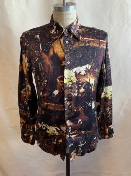 Mens, Casual Shirt, ICE JEANS, Brown, Gold, Off White, Purple, Yellow, Silk, Abstract , Novelty Pattern, M, Collar Attached, Button Front, Long Sleeves, Female Faces All Around
