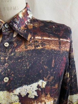 Mens, Casual Shirt, ICE JEANS, Brown, Gold, Off White, Purple, Yellow, Silk, Abstract , Novelty Pattern, M, Collar Attached, Button Front, Long Sleeves, Female Faces All Around