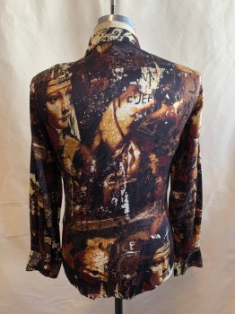 ICE JEANS, Brown, Gold, Off White, Purple, Yellow, Silk, Abstract , Novelty Pattern, Collar Attached, Button Front, Long Sleeves, Female Faces All Around