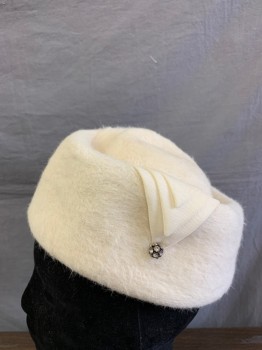Womens, Hat, BUNNY, Ivory White, Fur, Solid, M, Pillbox Hat, Triangle Shape Layered Pieces of Fabric, Rhinestone at End