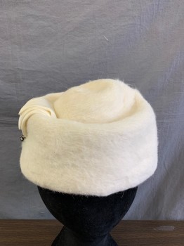 BUNNY, Ivory White, Fur, Solid, Pillbox Hat, Triangle Shape Layered Pieces of Fabric, Rhinestone at End