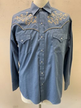 Mens, Western, ELY CATTLEMAN, Slate Blue, Poly/Cotton, L, Beige Embroidered Floral Accents and Piping, L/S, Snap Front, Collar Attached, 2 Pockets with Flap Closures
