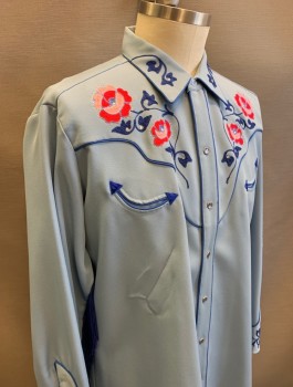 Mens, Western, H BAR C, Baby Blue, Royal Blue, Pink, Polyester, Novelty Pattern, Floral, L, Twill, Elaborate Nudie Inspired Embroidery, L/S, Snap Front, Collar Attached,  Blue Hanging Fringe at Sleeves and Back Yoke, Small Rhinestones Amongst Embroidery