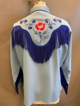 Mens, Western, H BAR C, Baby Blue, Royal Blue, Pink, Polyester, Novelty Pattern, Floral, L, Twill, Elaborate Nudie Inspired Embroidery, L/S, Snap Front, Collar Attached,  Blue Hanging Fringe at Sleeves and Back Yoke, Small Rhinestones Amongst Embroidery