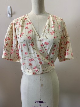 REFORMATION, Cream, Pink, Hot Pink, Olive Green, Viscose, S/S, Pleated Sleeves, V Neck, Wrap Around With Tie