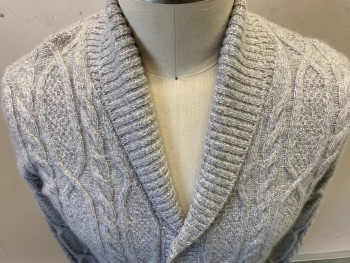NEIMAN MARCUS, Heather Gray, Cashmere, Heathered, Cable Knit, L/S, Ribbed Shawl Collar