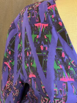 AMANDA UPRICHARD, Purple, Silk, Pink/Green/ Black/  Abstract Print,. V-N, Elastic Waist, CB Large Keyhole.