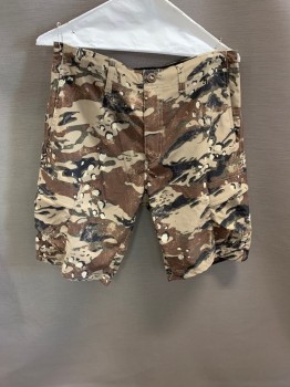 Mens, Shorts, VOLCOM SURF & TURF, Olive Green, Brown, Black, Polyester, Camouflage, 32, Side Pockets, Zip Front, F.F