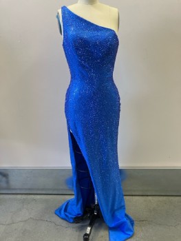 SHERRI HILL, Royal Blue with Blue Rhinestone Embellishing, One Shoulder Strap, Back Zip, Front Slit To Thigh On Side, Polyester/spandex