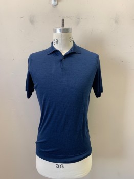 JOHN SMEDLEY, Indigo Blue, Wool, Solid, Collar Attached, 2 Buttons, Short Sleeves,