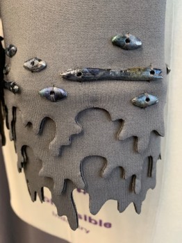 Womens, Sci-Fi/Fantasy Piece 2, MTO, Gray, Lt Gray, Neoprene, Beaded, Ombre, Sleeves, Layer Tiers of Drip Shaped Cut Out Sleeve Hems with Blue Iridescent Beads
