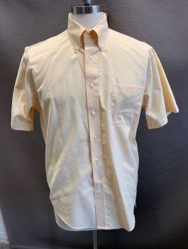 LANDS END, Lt Yellow, Poly/Cotton, Oxford Weave, S/S, Button Front, Clear Plastic Buttons, Chest Pocket, Button Down Collar, Back Pleat, Locker Loop