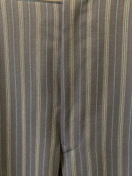 Mens, Historical Fict Suit Piece 2, N/L, Navy Blue, Teal Blue, Cream, Black, Polyester, Acetate, Stripes - Vertical , Herringbone, I:33", W: 36", Flat Front, Zip Tab, Adjustable Belt Attachment, 2 Buttons for Suspenders