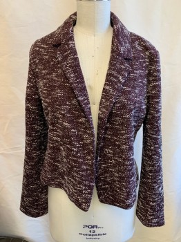 ANN TAYLOR, Red Burgundy, Black, White, Poly/Cotton, Textured Fabric, Open Front, Notched Lapel