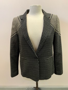 BCBG MAX AZRIA, Black, Cream, Cotton, Polyester, Single Breasted, 1 Button, Notched Lapel, 2 Pockets, Small All Over Z Pattern, Large Pattern On Shoulder That Looks Like A Scarf