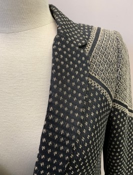 BCBG MAX AZRIA, Black, Cream, Cotton, Polyester, Single Breasted, 1 Button, Notched Lapel, 2 Pockets, Small All Over Z Pattern, Large Pattern On Shoulder That Looks Like A Scarf