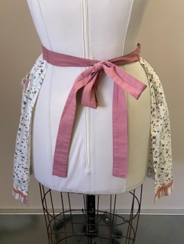 Womens, Apron , NL, Cream, Taupe, Gray, Dusty Rose Pink, Cotton, Floral, OS, Half Apron, Tie Belt, 2 Pockets, Solid Waistband, Stripes On Pockets & Hem,