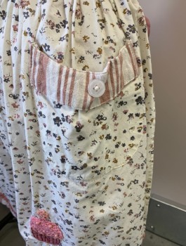 Womens, Apron , NL, Cream, Taupe, Gray, Dusty Rose Pink, Cotton, Floral, OS, Half Apron, Tie Belt, 2 Pockets, Solid Waistband, Stripes On Pockets & Hem,