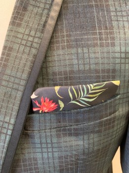 PAISLEY GRAY, Dk Green, Black, Polyester, Nylon, Plaid-  Windowpane, Velvet, Single Breasted, 1 Button,  2 Pocket Flap, with Multi Color Floral Pocket Square