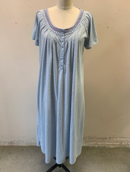 ADONNA, Lt Blue, Baby Blue, Polyester, Leaves/Vines , Jersey, Raglan Cap Sleeves, Scoop Neck, with Lace and Smocking Trim, 7 Button Placket, Box Pleats Around Neckline, Floor Length, Multiples