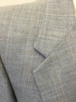 CHRISTIAN DIOR, Lt Gray, Lt Blue, Black, Wool, Plaid, Single Breasted, Collar Attached, Notched Lapel, 3 Pockets, 2 Buttons