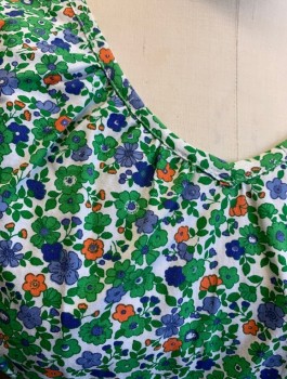 KAYCE HUGHES, Green, White, Blue, Orange, Cotton, Floral, Rounded V-neck, Gathering at Neckline, Gathered Waist, A-Line, Knee Length, Invisible Zipper in Back, Retro, **With Matching Fabric Belt with Royal Blue Piping Edge