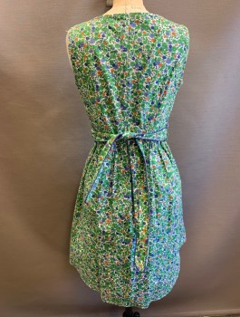 KAYCE HUGHES, Green, White, Blue, Orange, Cotton, Floral, Rounded V-neck, Gathering at Neckline, Gathered Waist, A-Line, Knee Length, Invisible Zipper in Back, Retro, **With Matching Fabric Belt with Royal Blue Piping Edge