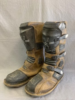 Womens, Sci-Fi/Fantasy Boots , N/L MTO, Brown, Black, Leather, Rubber, Sz.10, Tactical Futuristic Boots, Panels of Aged Leather, Silver Buckles at Sides, Text Stamped on Front "PTZ 27",  Just Below Knee Length, Made To Order, Multiples