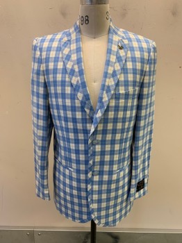 EJ SAMUEL, Baby Blue, White, Gray, Polyester, Rayon, Plaid, Peaked Lapel, Single Breasted, Button Front, 2 Buttons, 3 Pockets, Black Crown Pin On Lapel