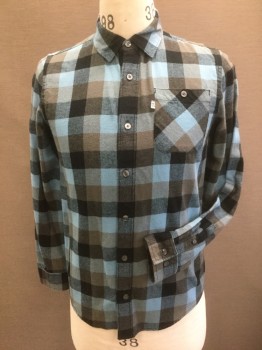 SHAWN WHITE, Sky Blue, Gray, Black, Cotton, Plaid, Collar Attached, Button Front, Buttons = Gray, Button Cuffs, One Breast Pocket with Button, Asymmetrical Back Yoke with Logo, Cotton Flannel