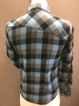 Childrens, Shirt, SHAWN WHITE, Sky Blue, Gray, Black, Cotton, Plaid, Large, Collar Attached, Button Front, Buttons = Gray, Button Cuffs, One Breast Pocket with Button, Asymmetrical Back Yoke with Logo, Cotton Flannel