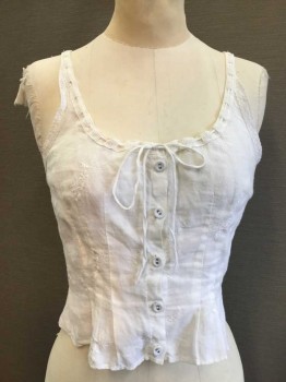 Womens, Camisole 1890s-1910s, FOX1215, White, Cotton, Linen, B32/34, Scoop Neckline with Drawstring Ribbon Trim, Button Front Closure, White Floral Embroidery On Cloth